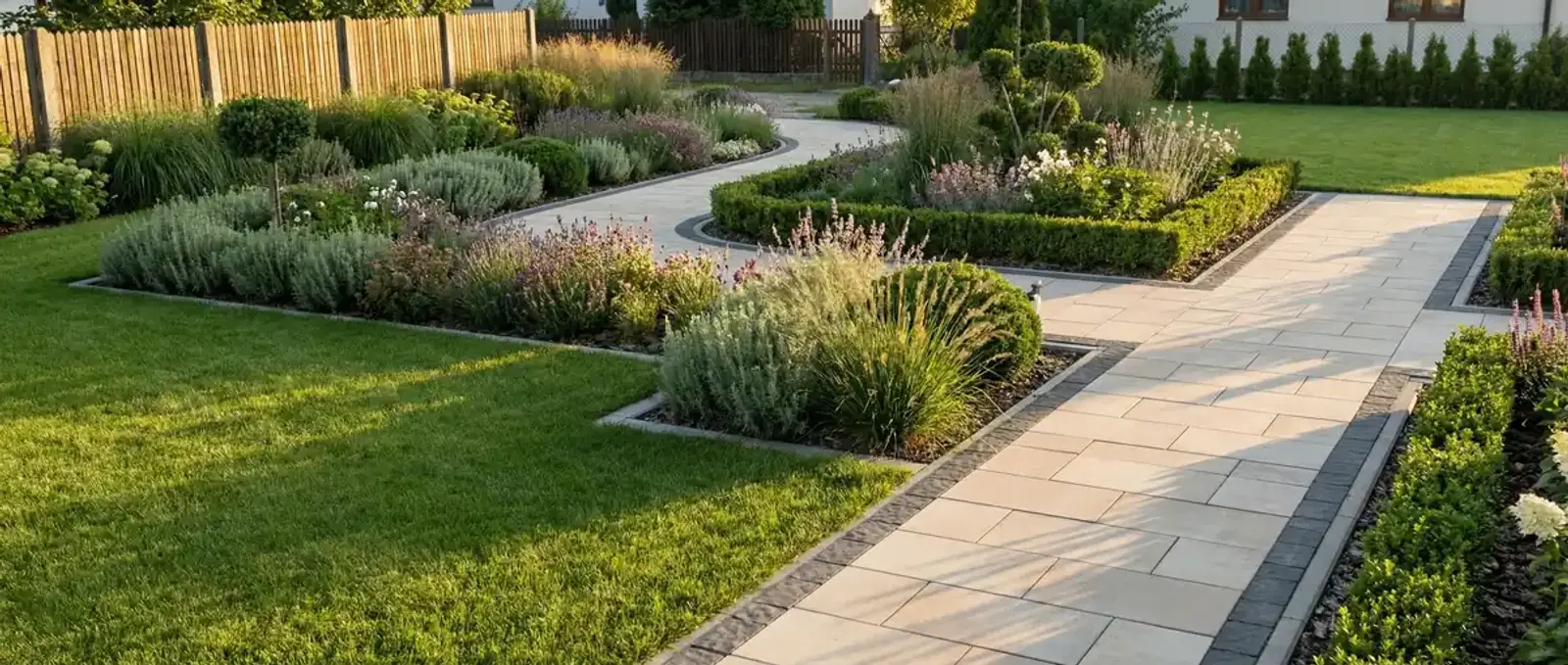 Ogród po realizacji projektu Evergrove - luksusowa przestrzeń z dojrzałymi nasadzeniami, kamiennymi ścieżkami i profesjonalnym oświetleniem o złotej godzinie