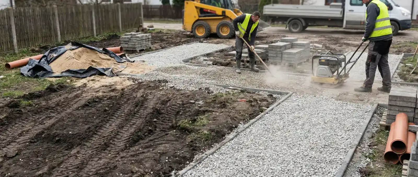 Ogród przed realizacją Evergrove - plac budowy z surowymi materiałami, eksponowaną glebą i przygotowaniem terenu pod luksusowy ogród w Wielkopolsce