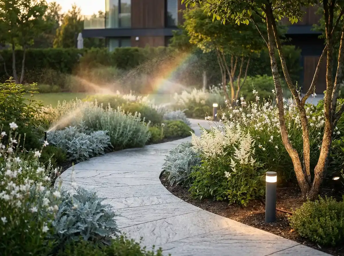 Kompleksowy projekt ogrodu z nawadnianiem, oświetleniem i nasadzeniami