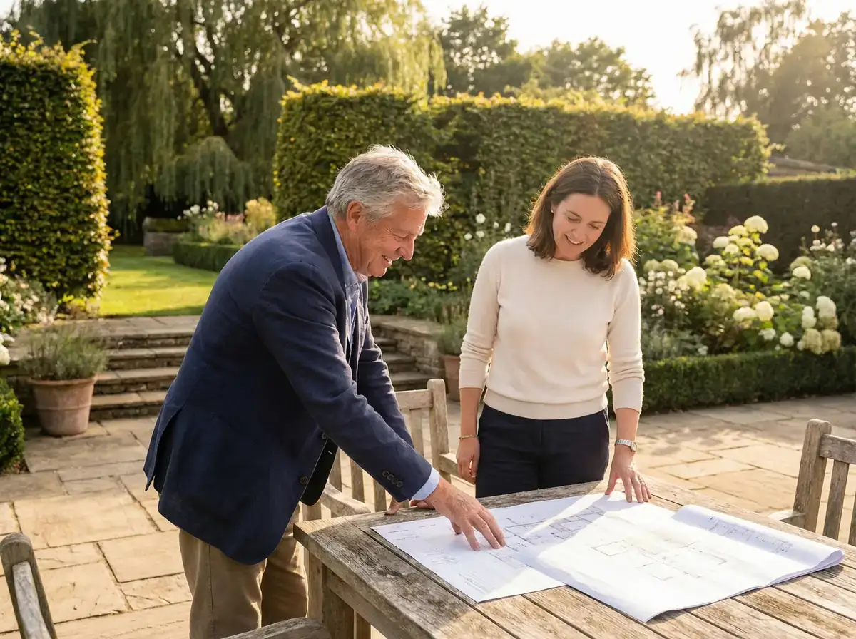 Konsultacja z klientem w luksusowym ogrodzie - 20 lat doświadczenia Evergrove