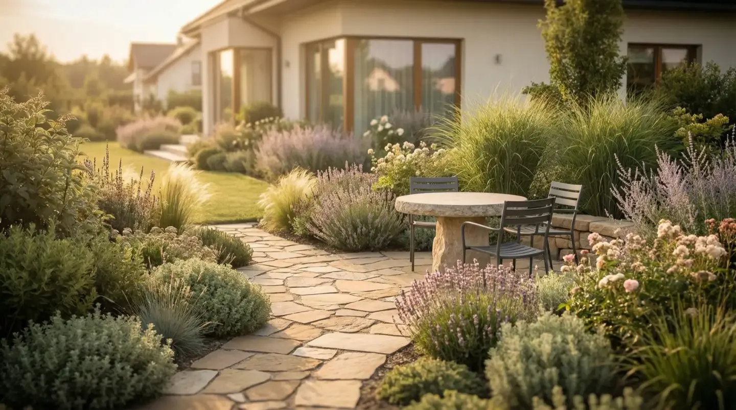 Luksusowy ogród z kamienną ścieżką i miejscem do rozmowy — bezpłatna konsultacja ogrodnicza Evergrove