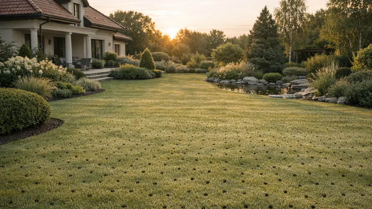 Aeracja trawnika w ogrodzie przy domu jednorodzinnym w Wielkopolsce