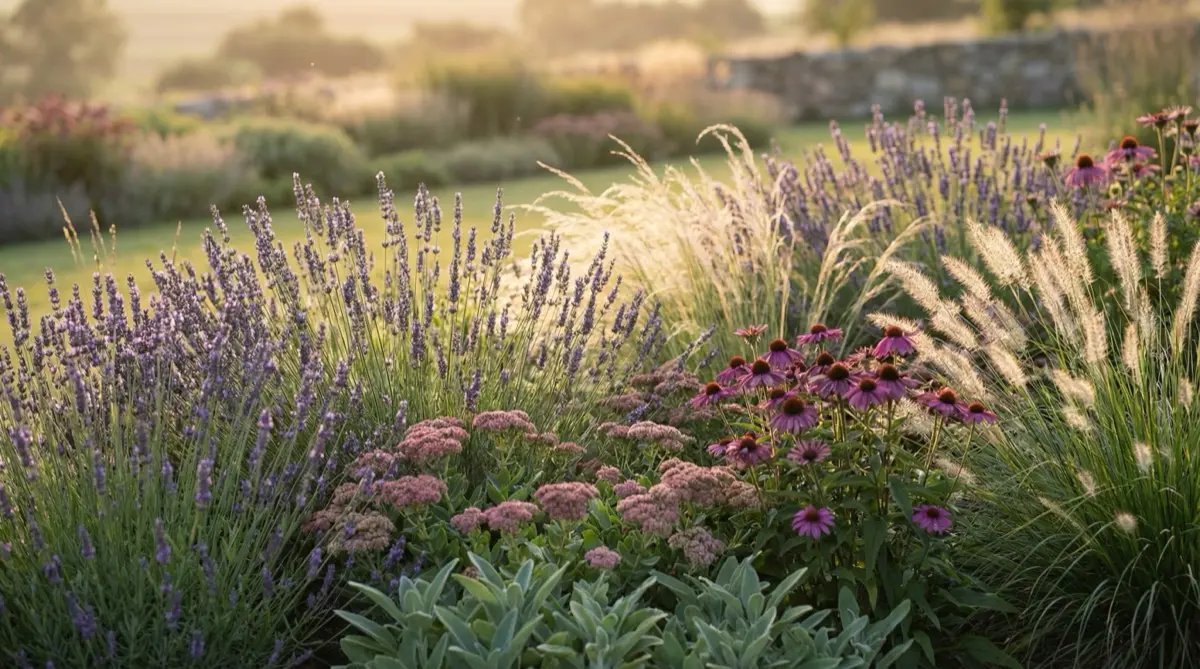 Kwiaty wieloletnie do ogrodu — kolorowa rabata z lawendą, jeżówkami i trawami ozdobnymi
