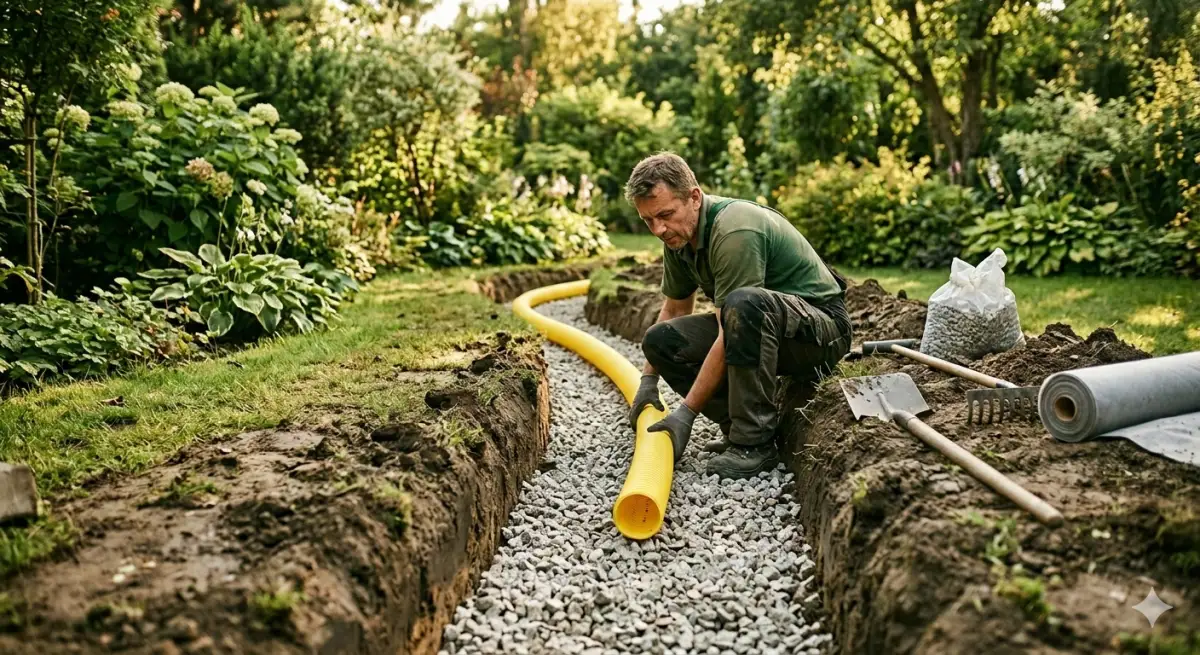 Ogrodnik układa żółtą rurę drenarską na żwirze w wykopie — instalacja drenażu ogrodu