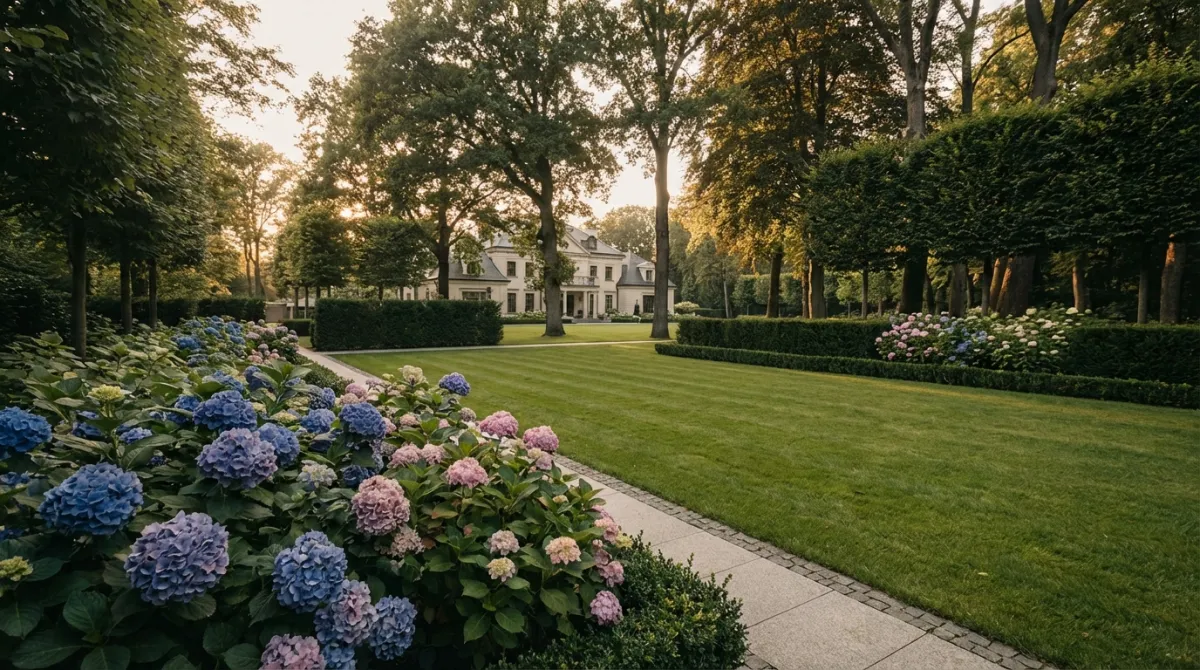 Kwitnące hortensje ogrodowe w przydomowym ogrodzie w letnim słońcu