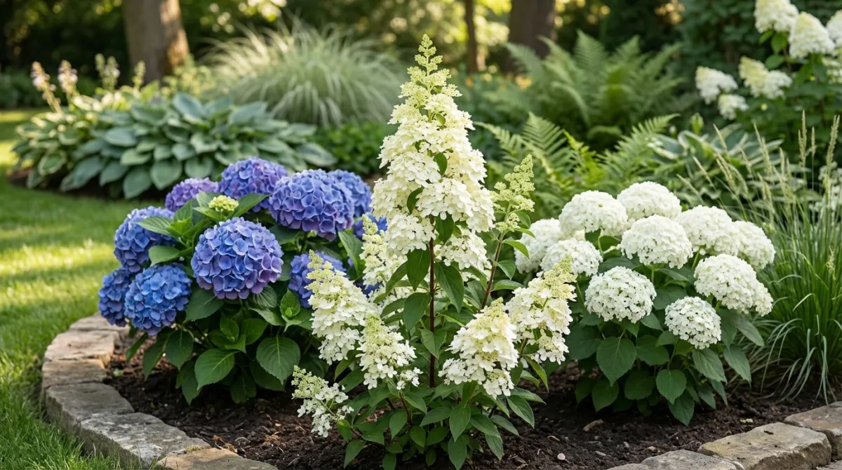 Trzy gatunki hortensji w jednej rabatce: niebieska ogrodowa, biała bukietowa i biała drzewiasta Annabelle