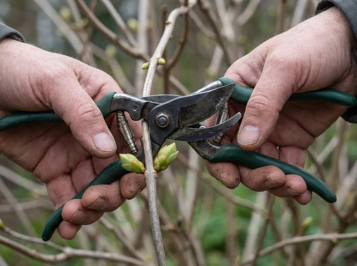 Przycinanie hortensji wczesną wiosną — cięcie sekatorami nad parą zielonych pąków
