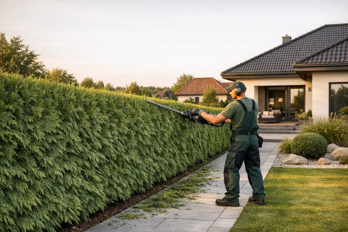 Ogrodnik przycina gęsty żywopłot z tui przy nowoczesnym domu jednorodzinnym o złotej godzinie w Wielkopolsce