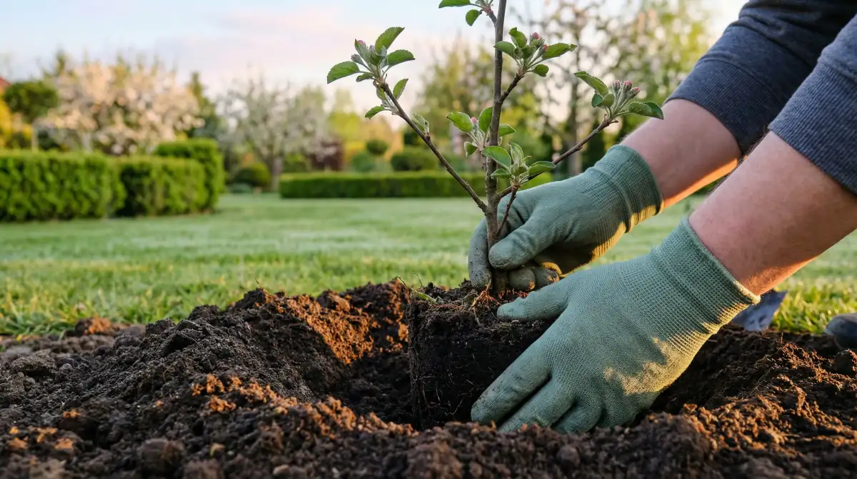 Sadzenie młodego drzewka owocowego w przydomowym ogrodzie wiosną w Wielkopolsce