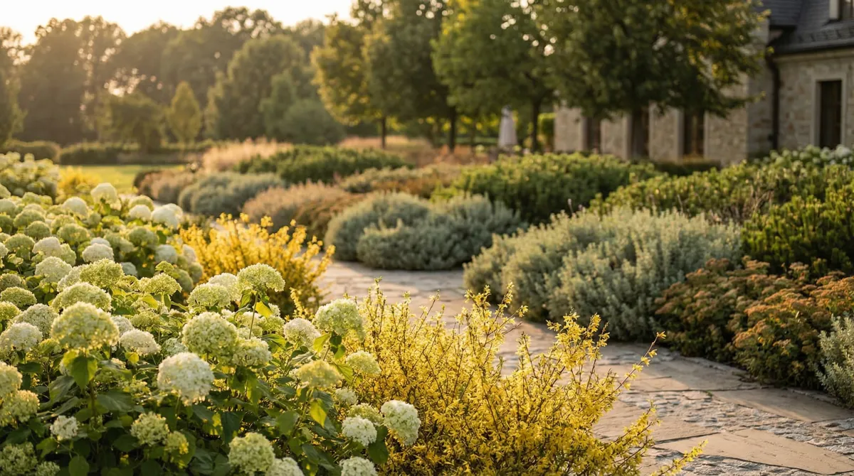 Krzewy ozdobne w ogrodzie przydomowym — kwitnące hortensje i forsycje w letniej kompozycji