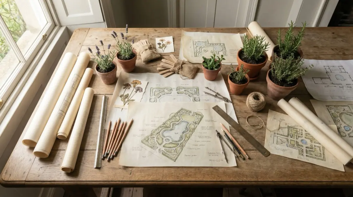 Aranżacja ogrodu przed domem — profesjonalny projekt ogrodu z kolorowymi strefami funkcjonalnymi