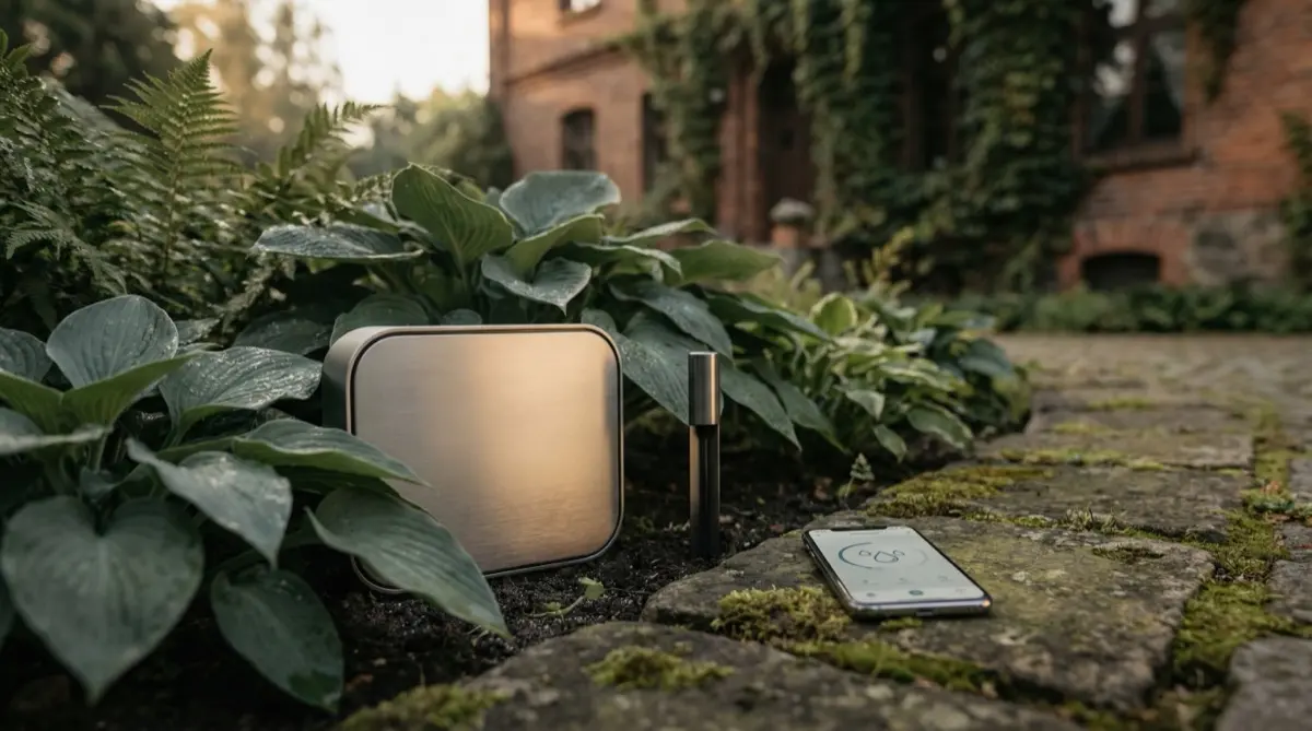 System nawadniania trawnika z linią kroplującą i zraszaczami w nowoczesnym ogrodzie w Poznaniu