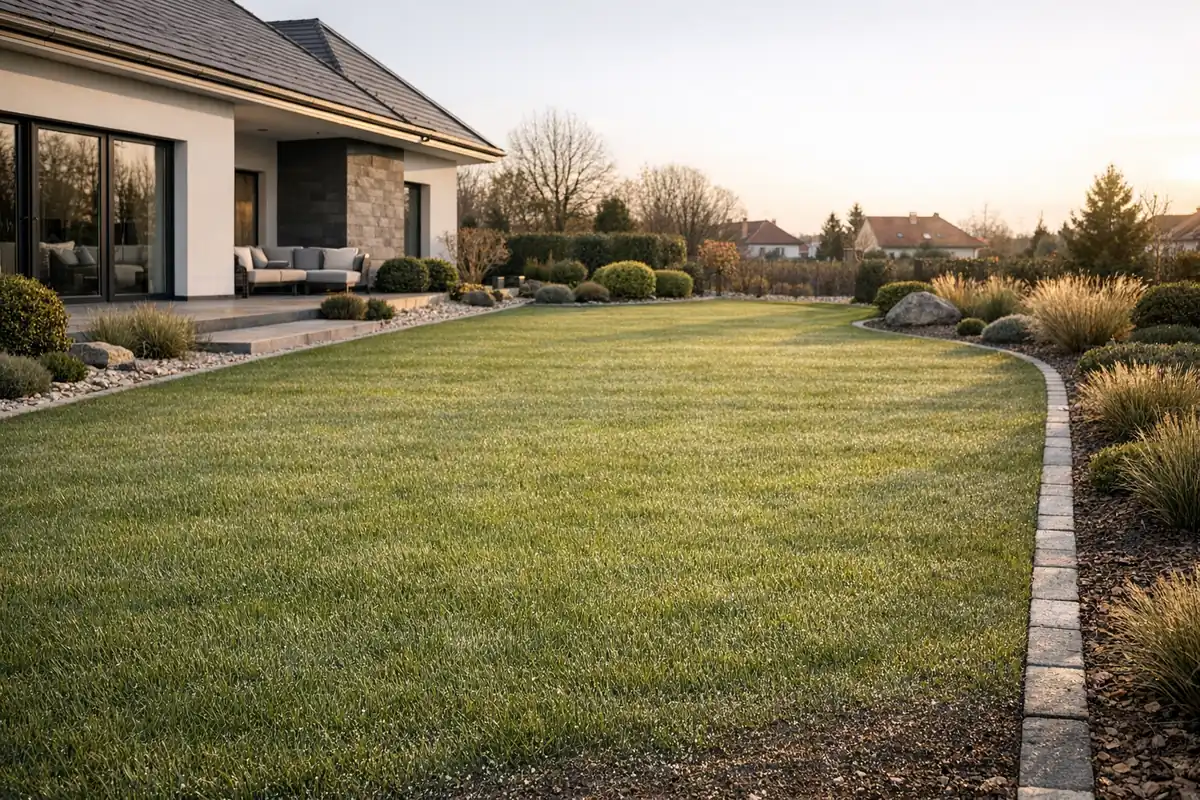 Wapnowanie trawnika w ogrodzie przy nowoczesnym domu jednorodzinnym w Wielkopolsce