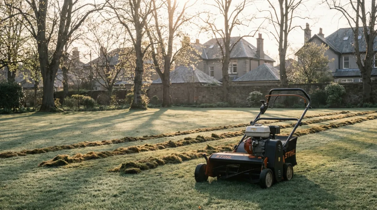 Wertykulator na trawniku w ogrodzie przydomowym podczas wiosennej wertykulacji