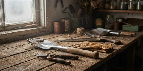 Narzędzia ogrodowe na drewnianym stole w garażu — sekator, łopata i rękawice gotowe do konserwacji