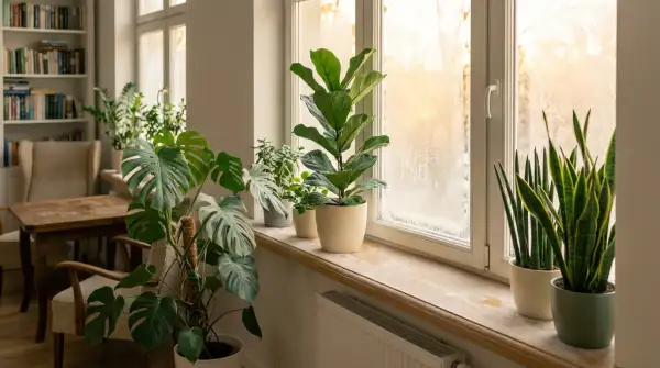 Zielone rośliny doniczkowe na parapecie w jasnym polskim mieszkaniu zimą — monstera, fikus i sansewieria