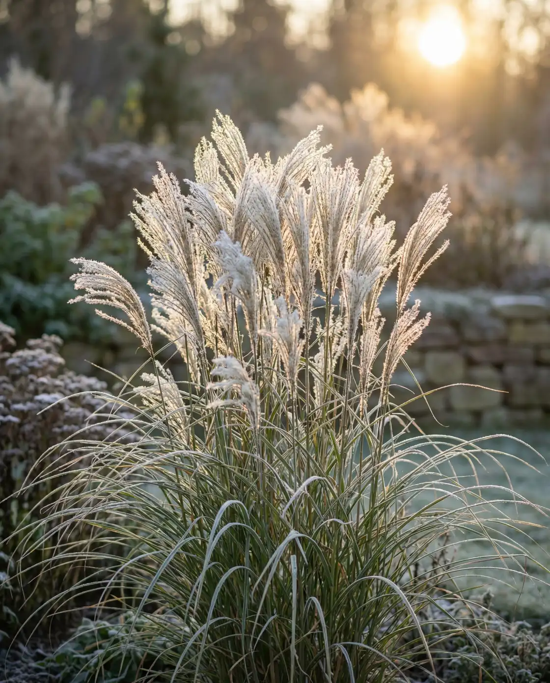 Miskant chiński — srebrzyste kwiatostany traw ozdobnych w jesienno-zimowym ogrodzie