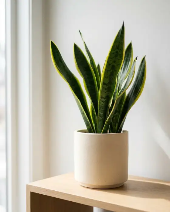 Sansewieria — wężownica, roślina doniczkowa o sztywnych, wzorzystych liściach w minimalistycznej doniczce