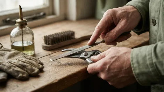 Konserwacja narzędzi ogrodowych — ostrzenie sekatora na drewnianym stole