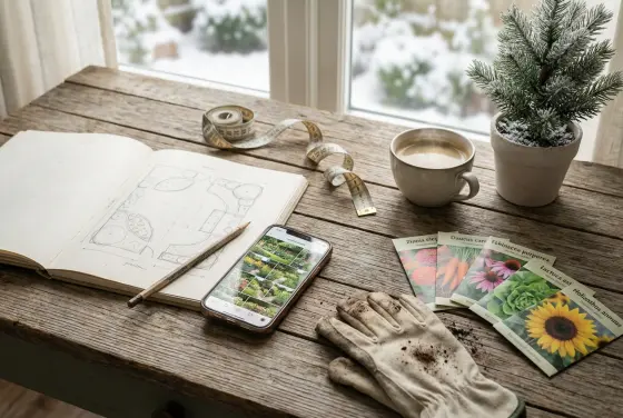 Planowanie ogrodu zimą — szkice, notatki i pomiary na stole