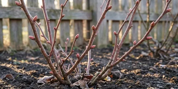 Pęczniejące pąki na gałęziach róży w zimowym polskim ogrodzie — koniec lutego, czas na cięcie