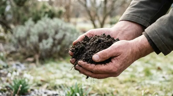 Dłonie trzymające ciemną, żyzną glebę ogrodową — przygotowanie podłoża przed wiosną