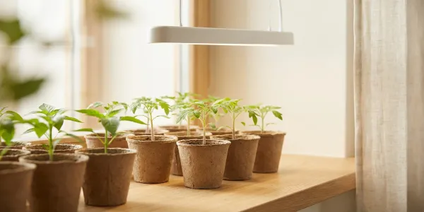 Sadzonki w doniczkach pod lampą LED na parapecie — siew nasion w domu w lutym