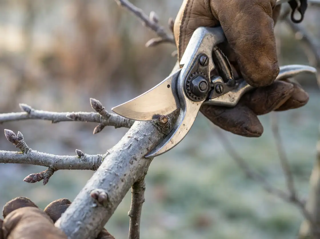 Cięcie drzew owocowych w lutym — sekator na gałęzi jabłoni w zimowym ogrodzie