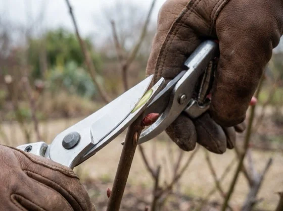 Cięcie róż w lutym — sekator na gałęzi róży z widocznymi pąkami