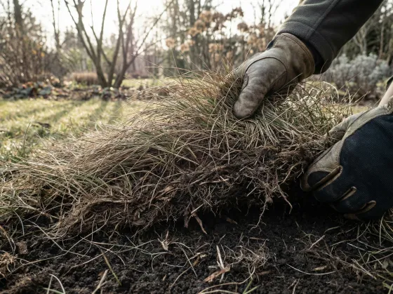 Zbliżenie na zimowy trawnik — warstwa filcu i spilśniona trawa, widoczna struktura darni