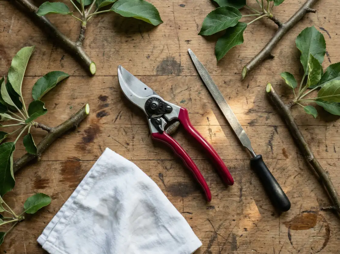 Sekator obejściowy (bypass) — ostrze i gałąź jabłoni, cięcie zimowe