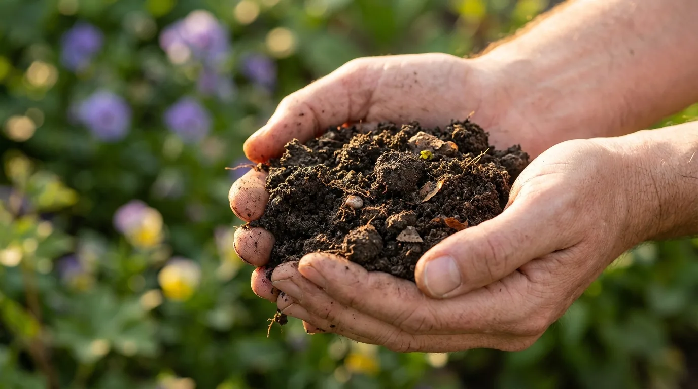 Dłonie trzymające ciemną, żyzną ziemię ogrodową w wiosennym słońcu — przygotowanie gleby do sezonu