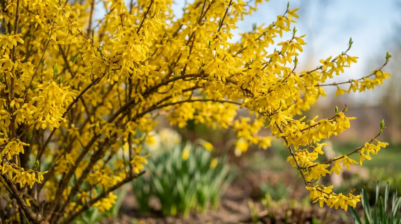 Forsycja w pełnym rozkwicie — żółte kwiaty na nagich gałęziach, wczesna wiosna w polskim ogrodzie