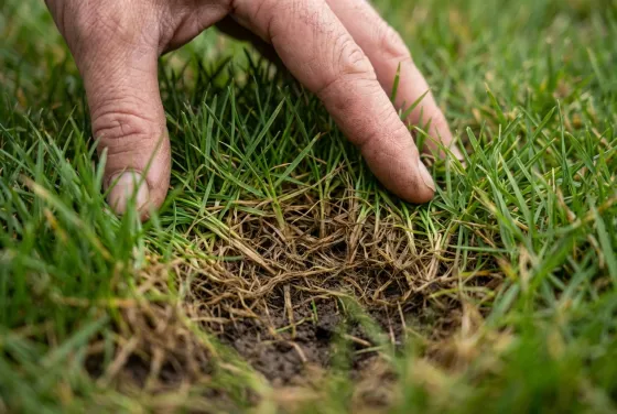 Zbliżenie na rozgarniętą trawę — widoczna brązowa warstwa filcu między zielonymi źdźbłami a glebą