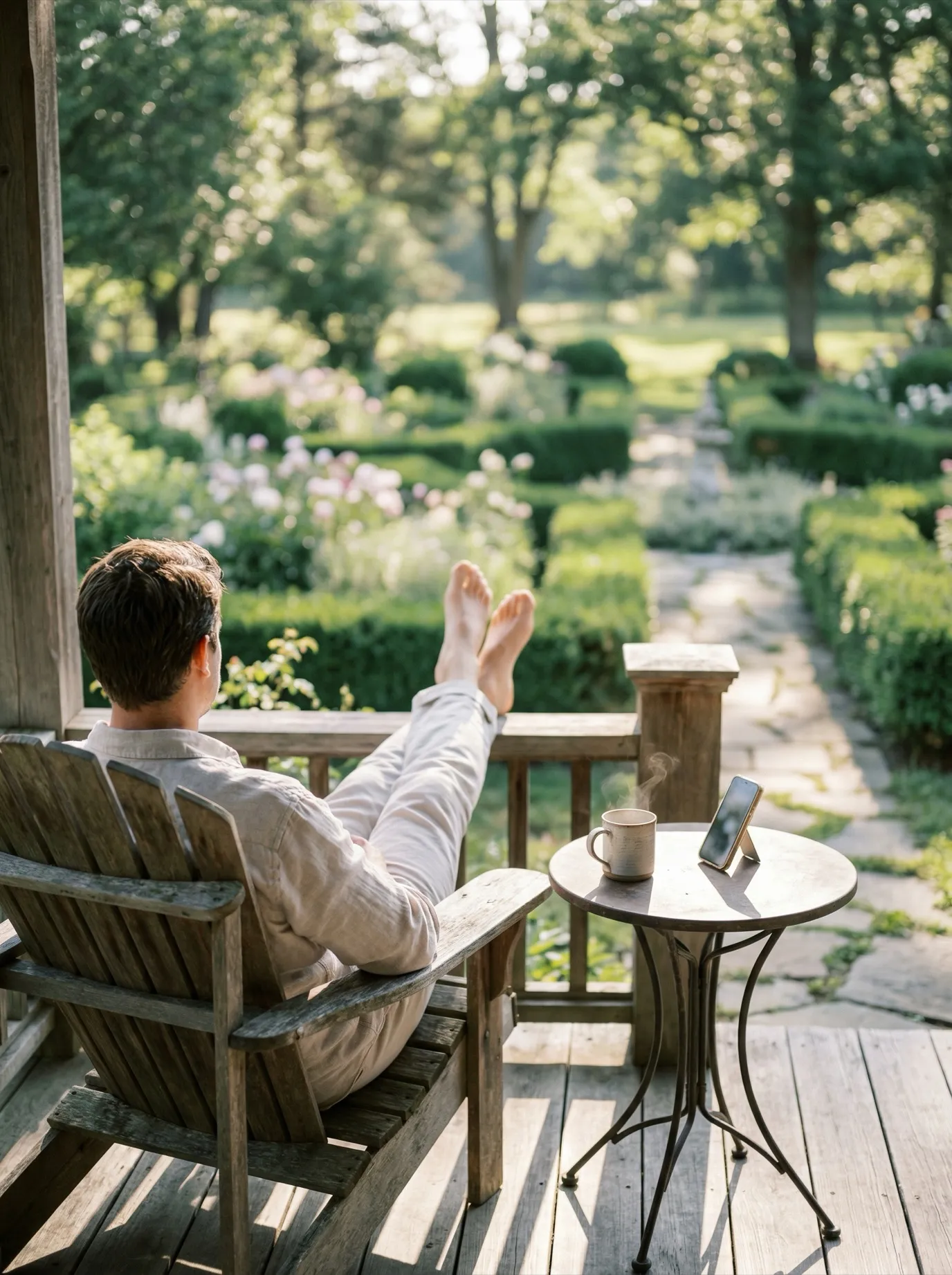 Mężczyzna relaksujący się na werandzie z kawą i telefonem, z widokiem na zadbany ogród — niedzielna lektura newslettera Evergrove