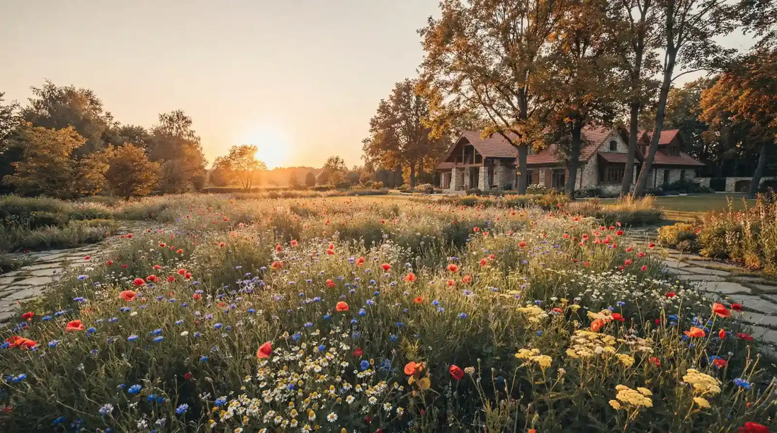 Kolorowa łąka kwietna z polnymi kwiatami w ogrodzie