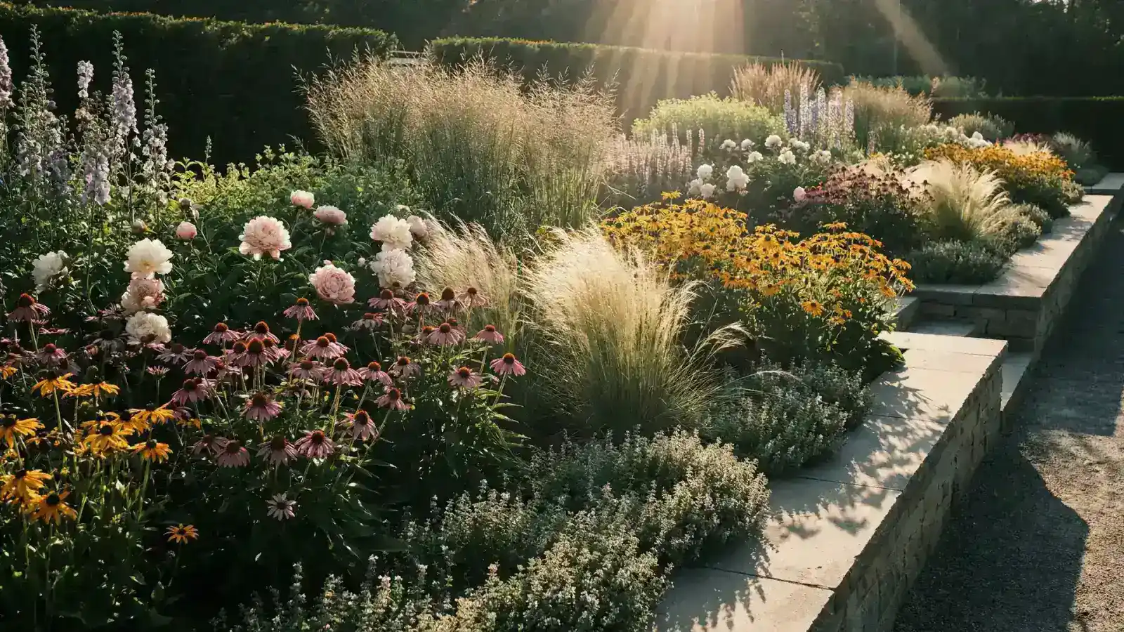 Kolorowa rabata bylinowa z różnymi gatunkami bylin kwitnących w ogrodzie w Poznaniu