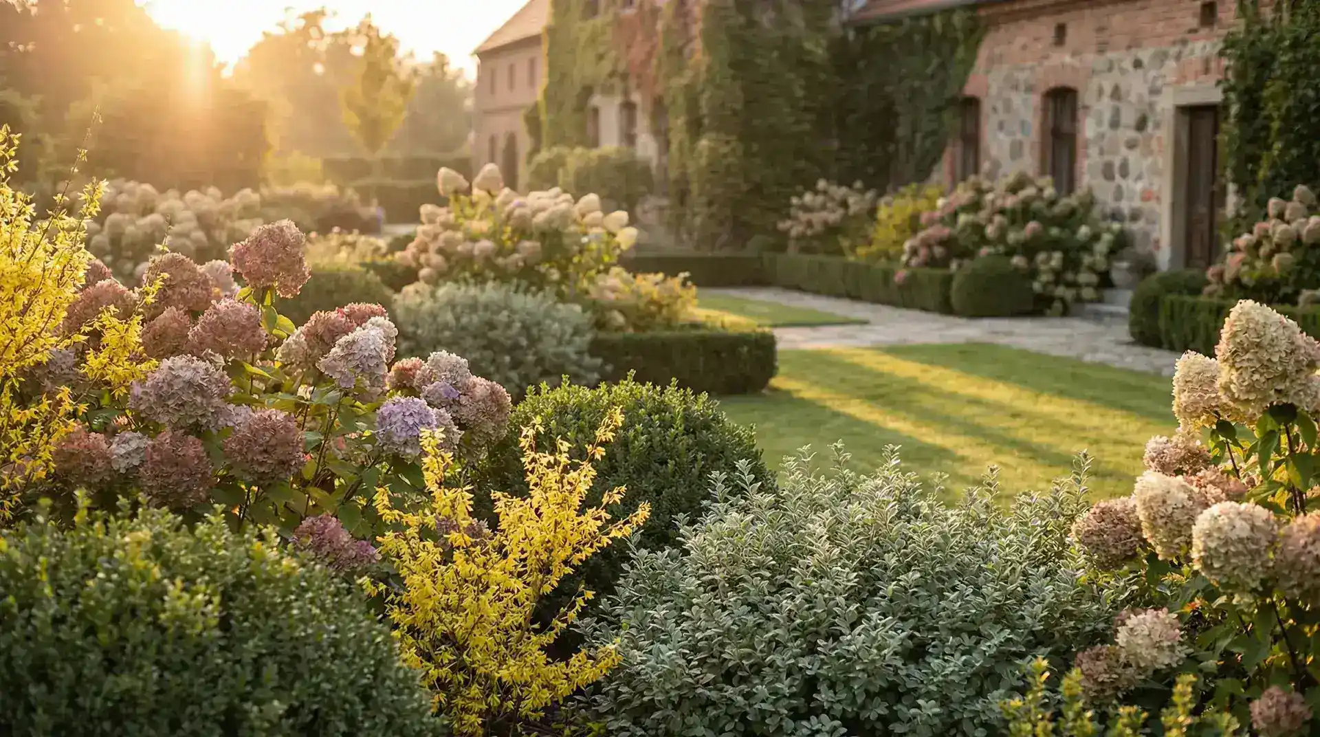 Kolorowe krzewy ozdobne w profesjonalnie założonej rabatie w ogrodzie w Poznaniu