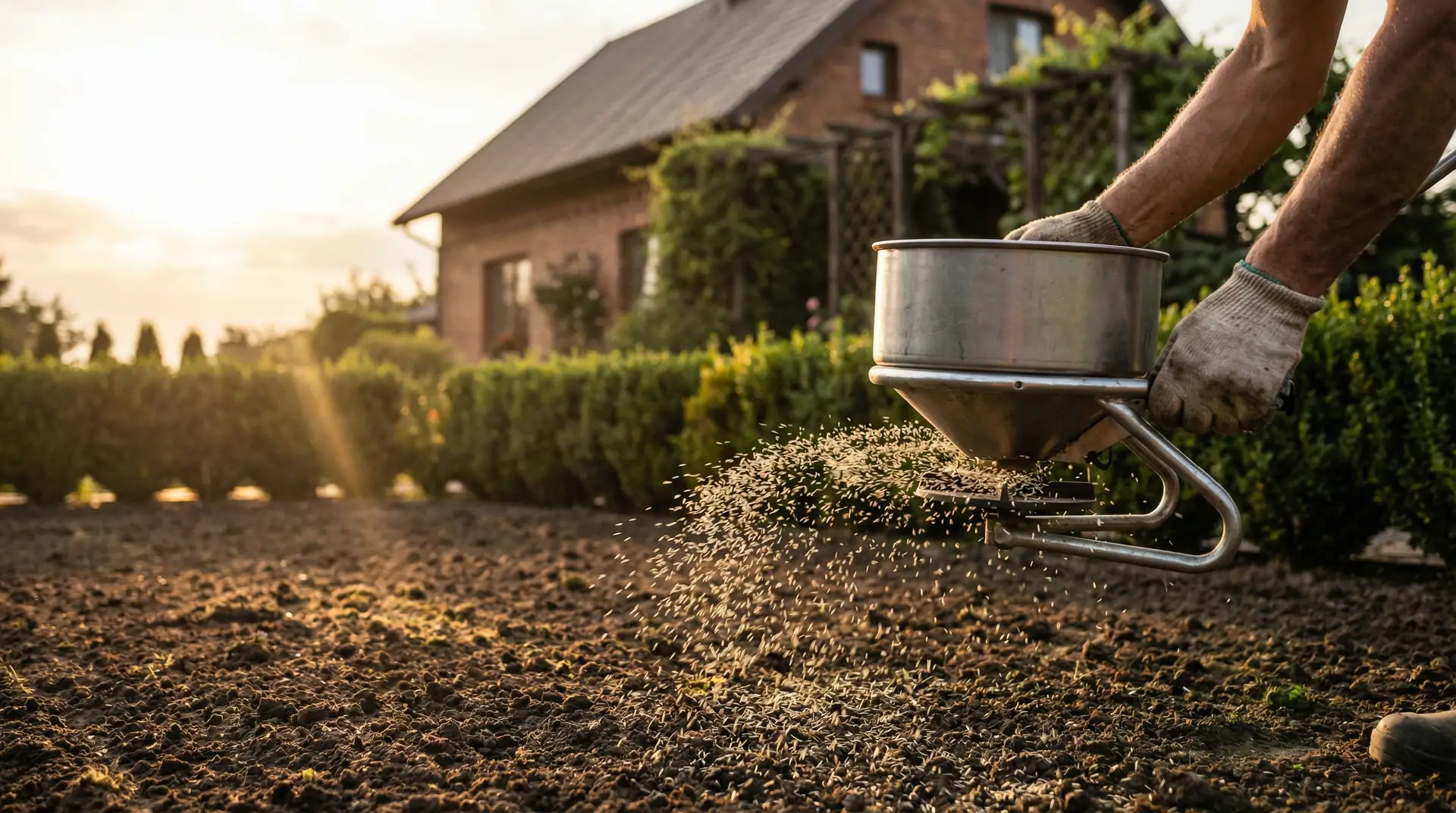 Profesjonalny siewnik do trawy rozsypujący nasiona na przygotowanym podłożu w ogrodzie w Poznaniu