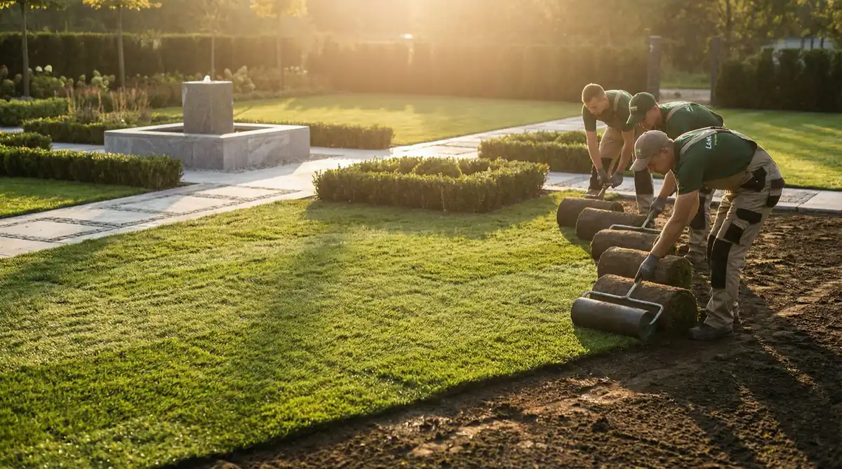 Rolki świeżej trawy układane na przygotowanym podłożu