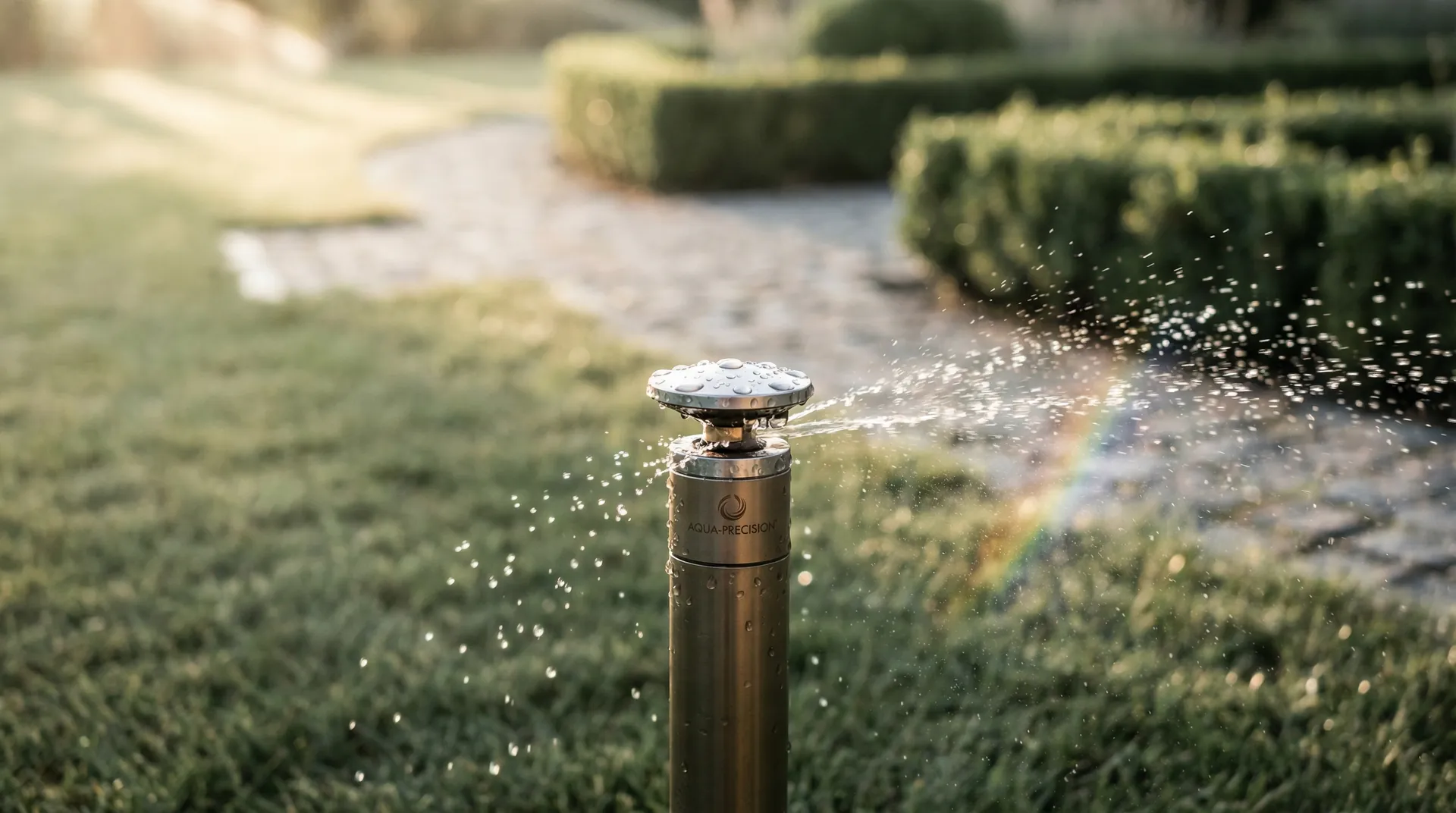 Zraszacz wynurzający się z trawnika podczas porannego nawadniania w poznańskim ogrodzie