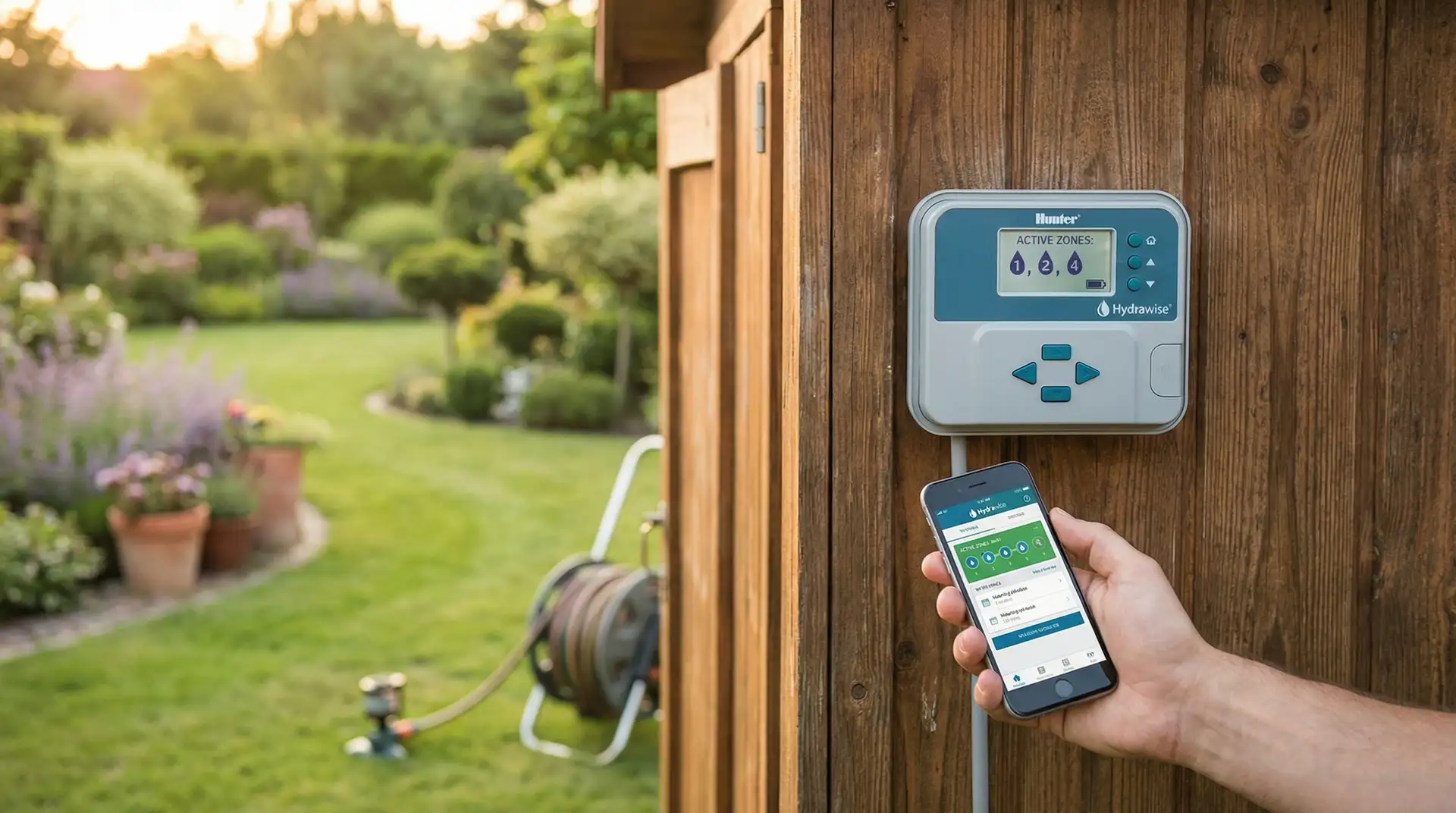 Sterownik nawadniania WiFi Hunter Hydrawise zamontowany w skrzynce z widocznym smartfonem pokazującym aplikację