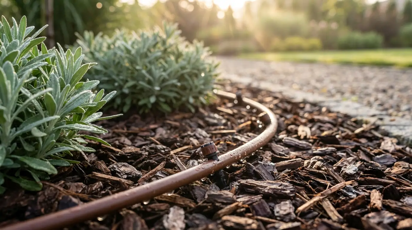 Linia kroplująca z kompensacją ciśnienia przy krzewach ozdobnych w poznańskim ogrodzie