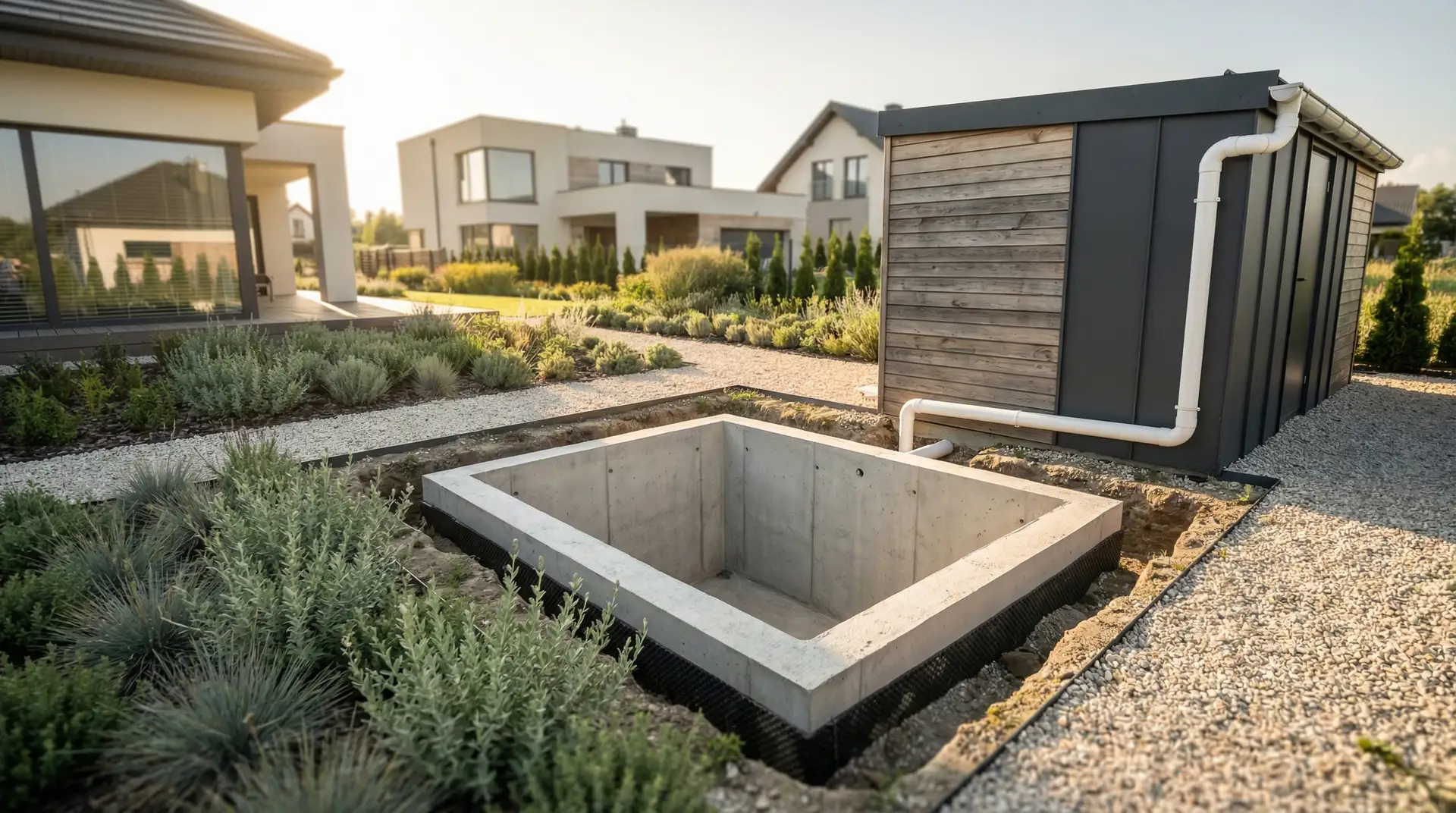 System zbierania deszczówki z podziemnym zbiornikiem i pompą do nawadniania ogrodu w poznańskim ogrodzie