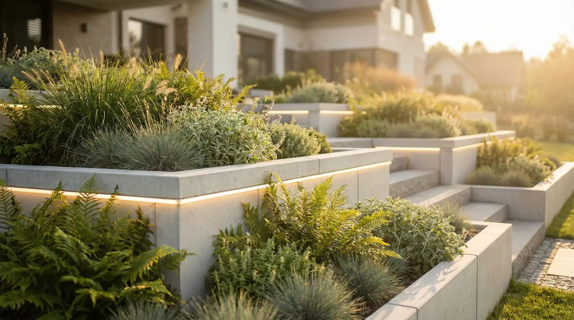 Nowoczesny murek oporowy z betonu architektonicznego z podświetleniem LED w poznańskim ogrodzie