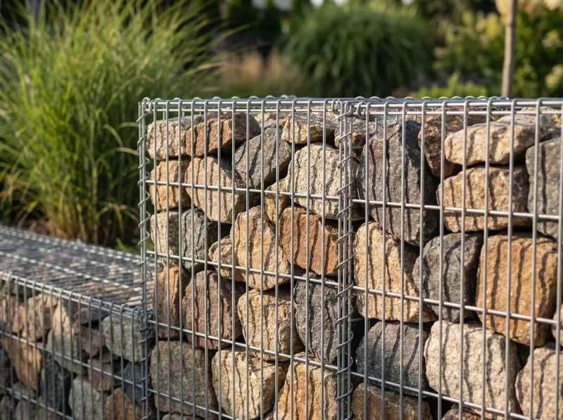 Gabiony wypełnione granitowym kamieniem jako nowoczesny murek oporowy