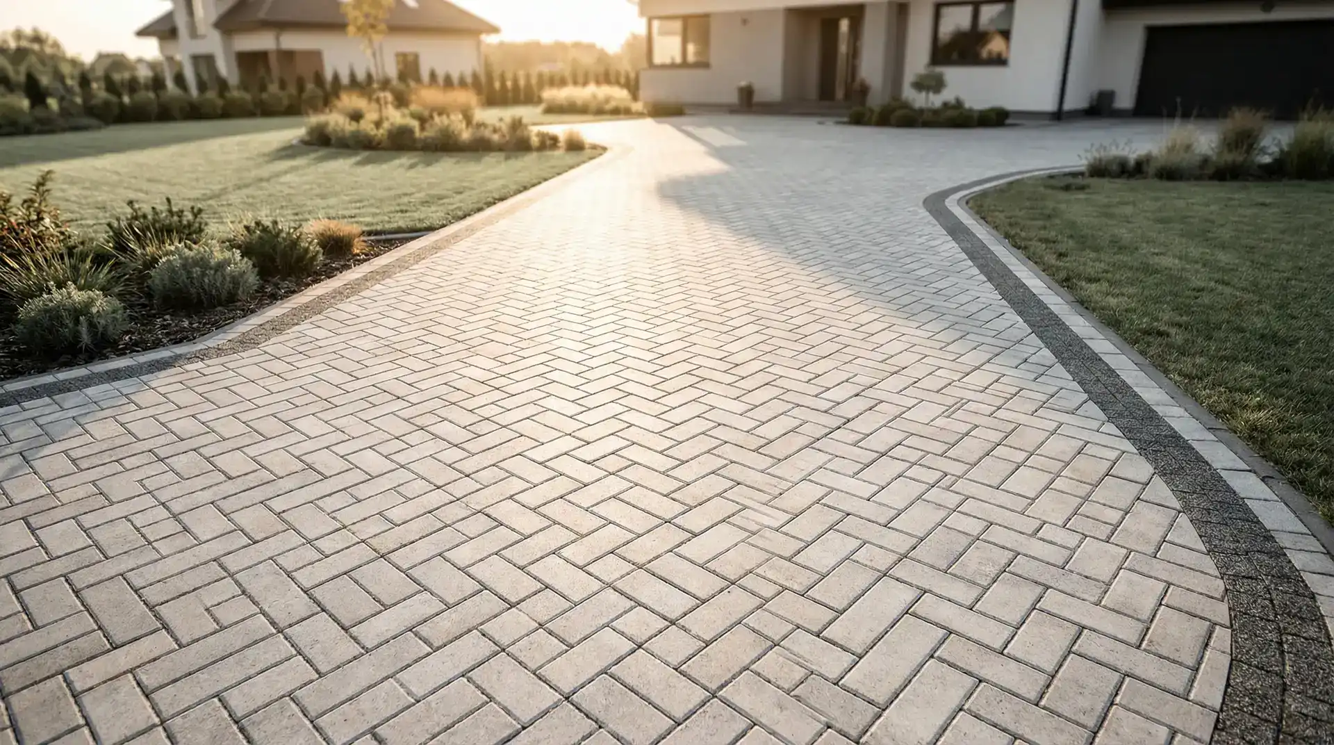 Elegancki podjazd z kostki brukowej w układzie jodełki przed nowoczesnym domem