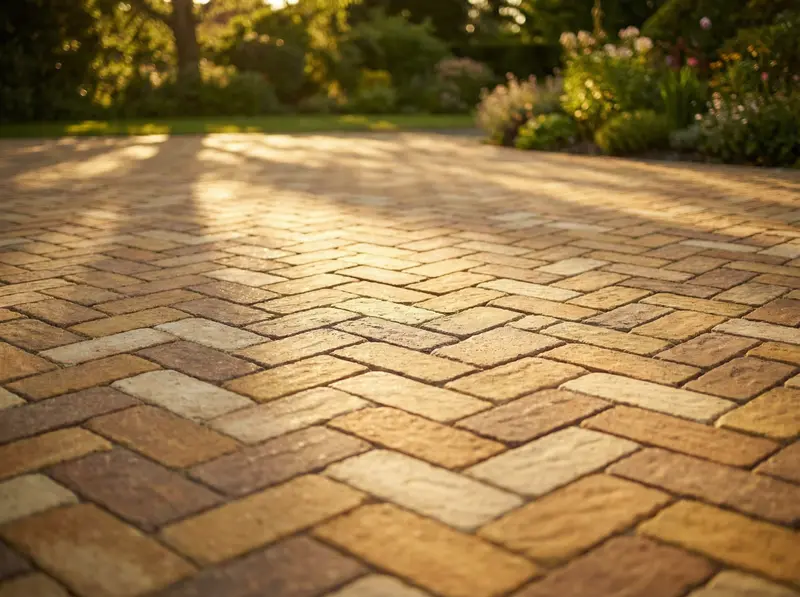 Detale kostki brukowej w układzie jodełki na podjeździe