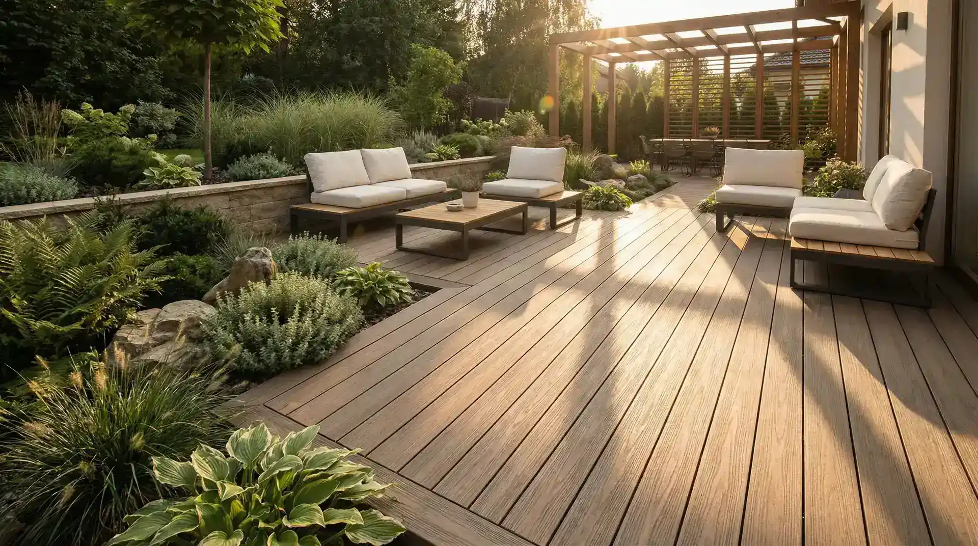 Nowoczesny taras kompozytowy z meblami ogrodowymi w poznańskim ogrodzie