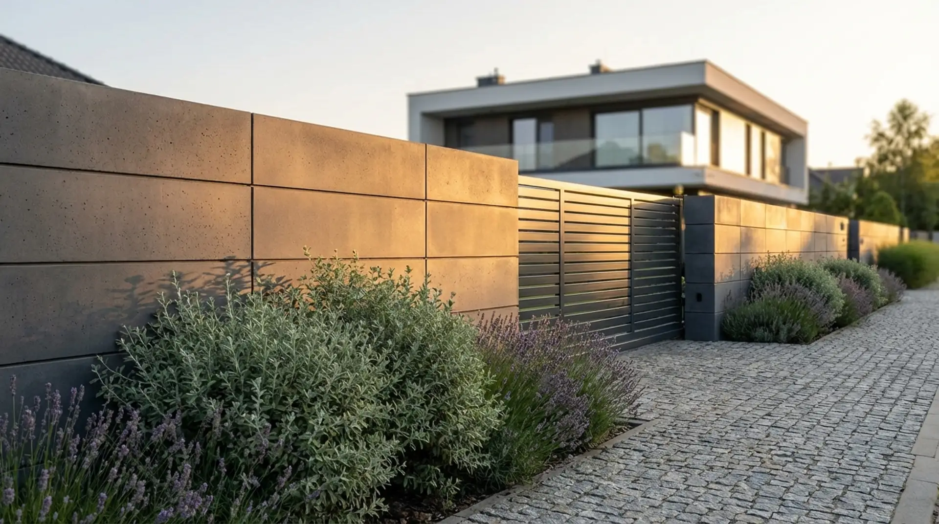 Nowoczesne ogrodzenie modułowe z betonu architektonicznego w poznańskim ogrodzie